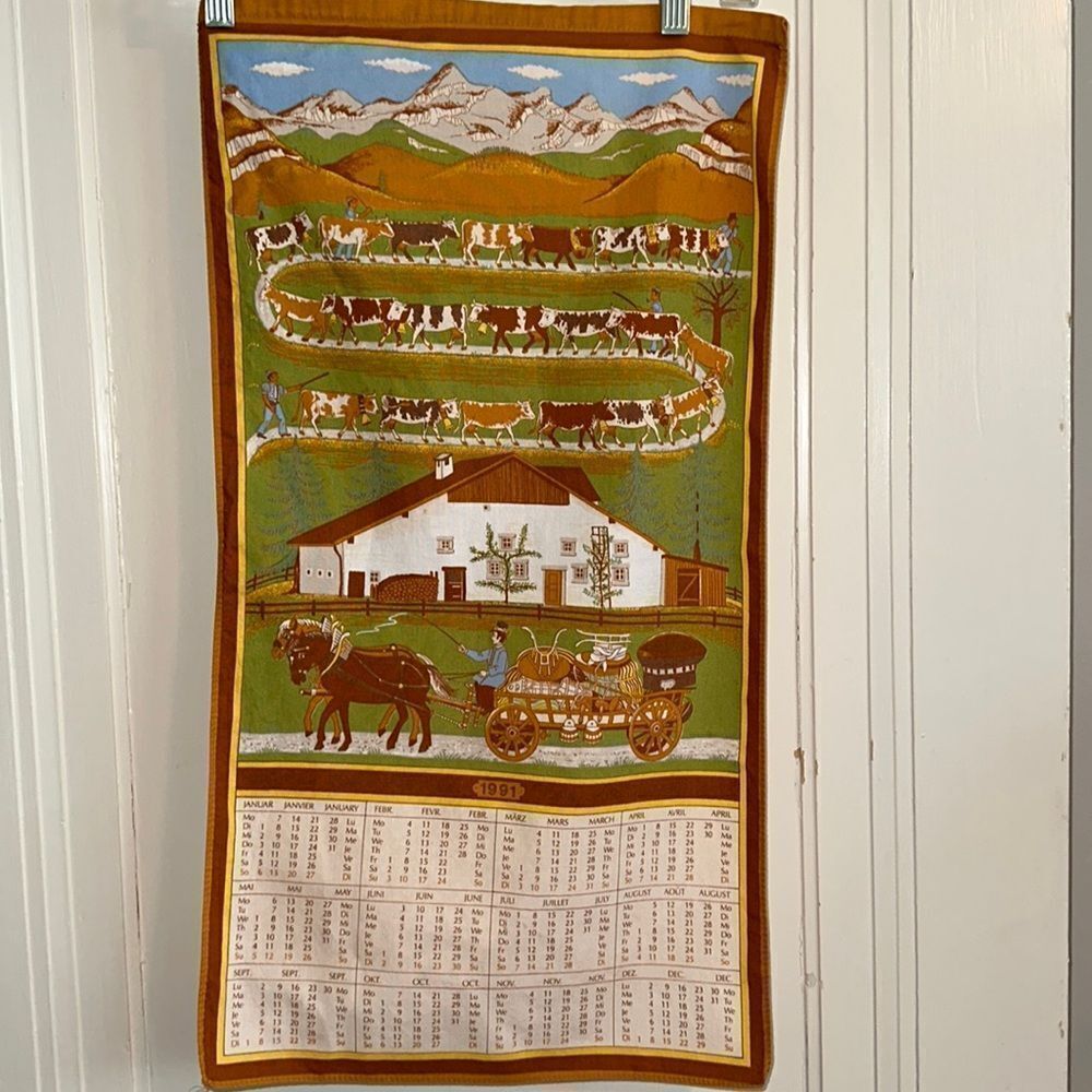Vtg  1991 Calendar‎ tea towel/European scene of cows being herded up mountain